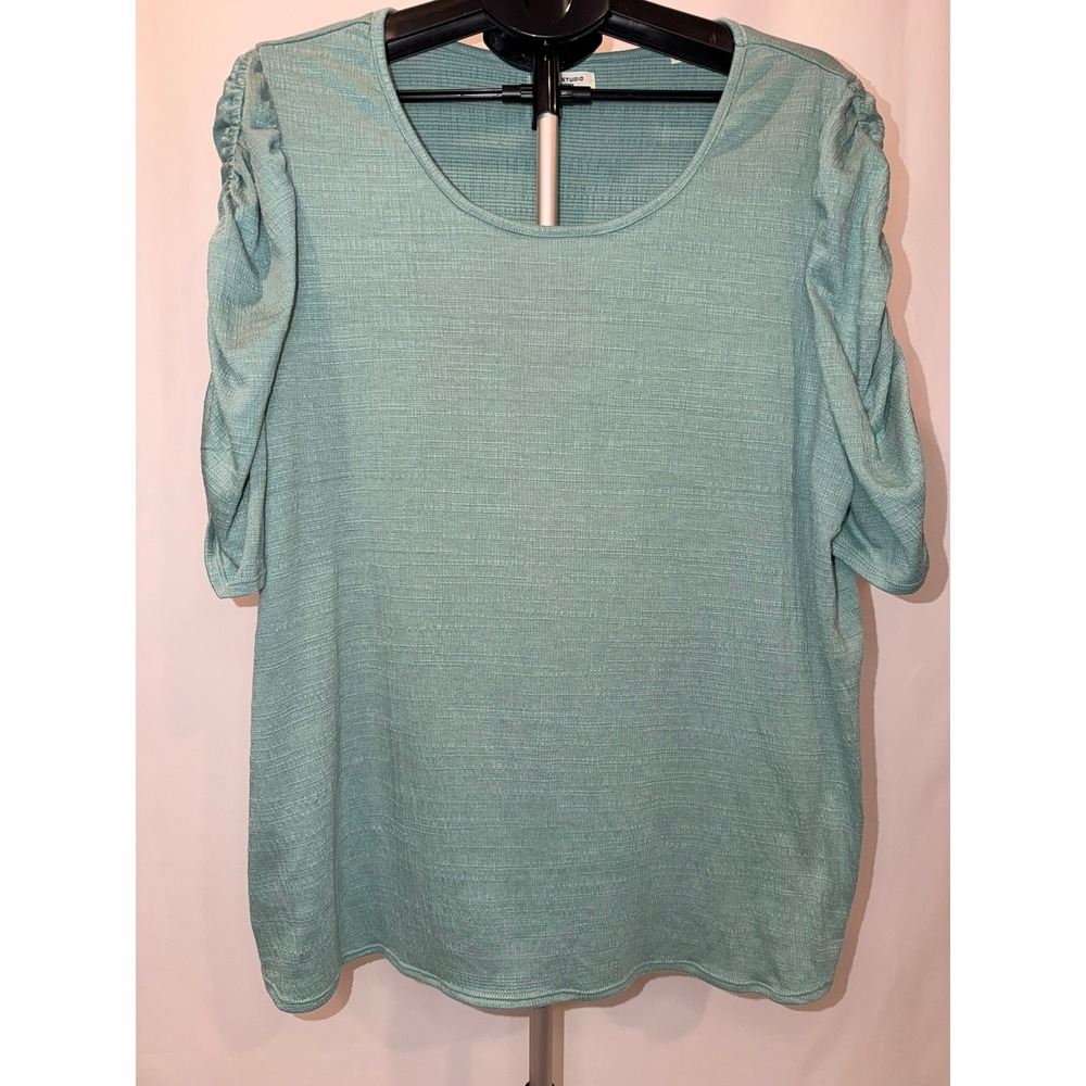 Max Studio London Ruched Puff Sleeve Top Sage Green Textured Womens 2X